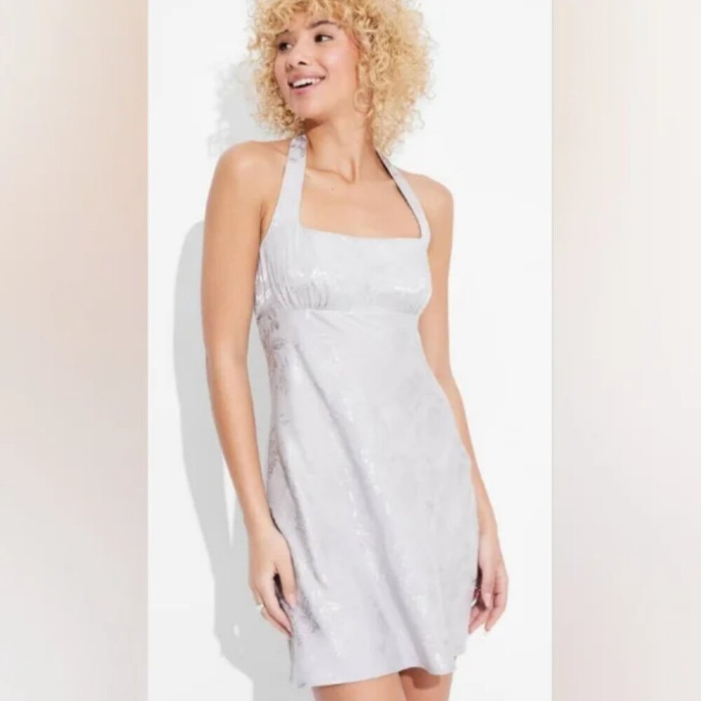 Wild Fable Satin Gray Silver Jacquard Halter Mini Dress NWT